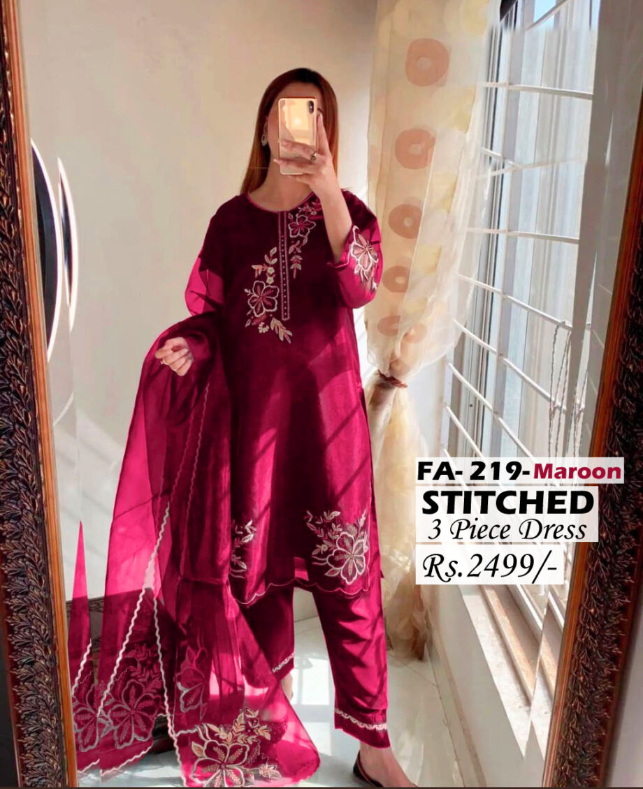 STITCHED 3 piece DRESS FA- 219 Maroon