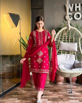 STITCHED 3 piece DRESS FA-237 Red